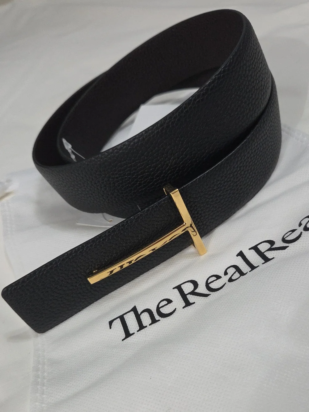 Tom Ford Black Leather Belt Gold T Accent Buckle